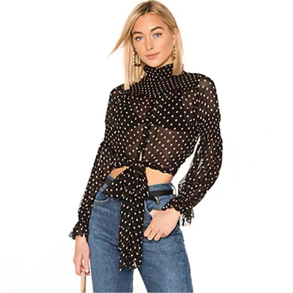 Nicholas Sheer Silk Polka Dot Smocked Tie Front Cropped Blouse Black Small - Picture 1 of 16